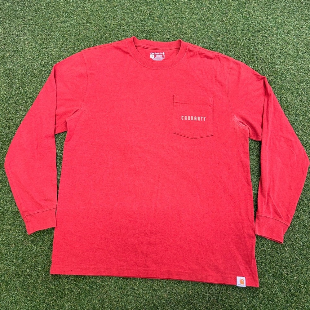 Carhartt Mens Long Sleeve Pocket T-Shirt Red Loose Fit Graphic Back Logo Medium
